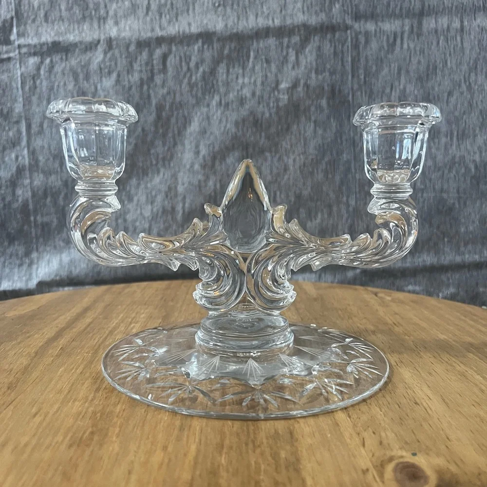 Vintage Double Candlesticks Holder by‎ Martinsville Meadow Wreath Etched Glass